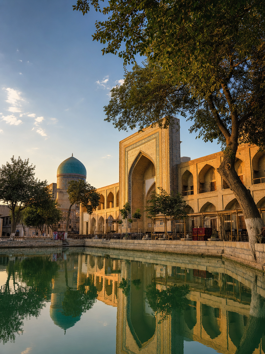 Chaikhana tables under old trees beside the still water of the Lyabi-Hauz pond in Bukhara, a madrasah behind