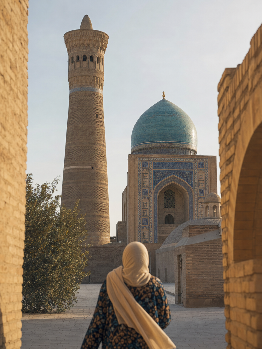 A woman with a light scarf over her head walking towards the Kalyan minaret and mosque in Bukhara