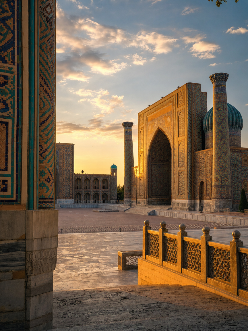 The Registan ensemble in Samarkand at golden hour, seen from the shadow of a tiled portal