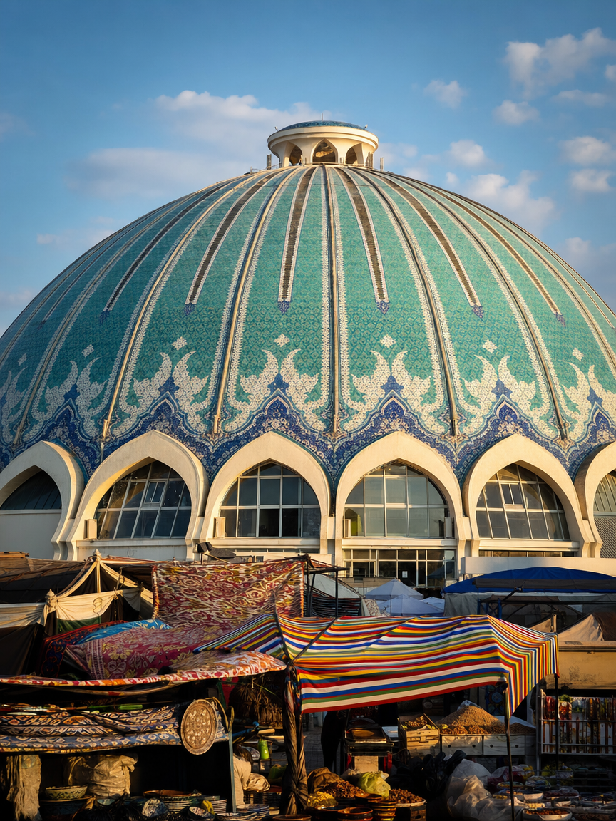 The tiled dome of Chorsu bazaar in Tashkent above the striped awnings of the market