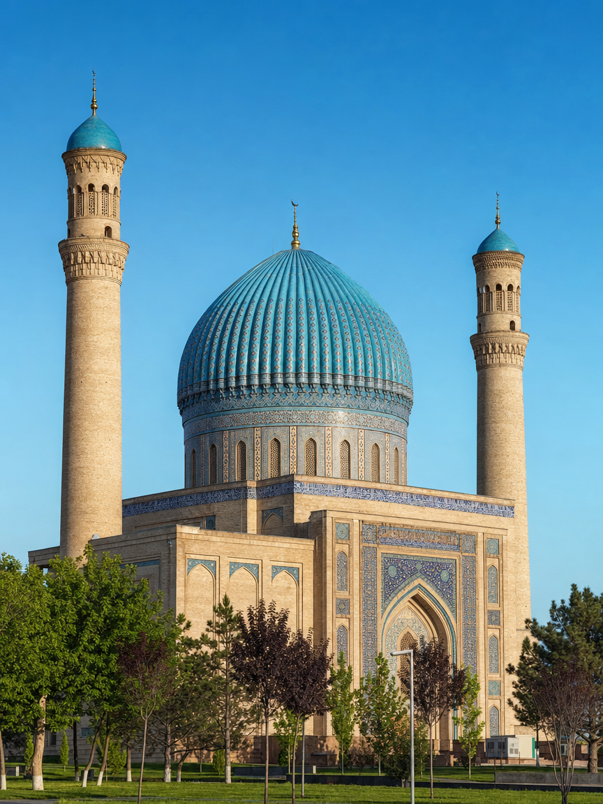 A mosque with a turquoise ribbed dome and two minarets against a clear sky
