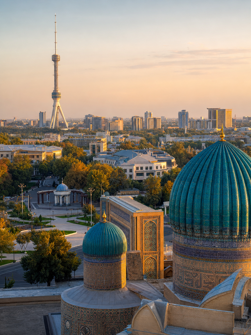The Tashkent television tower above the city at sunset, tiled domes in the foreground