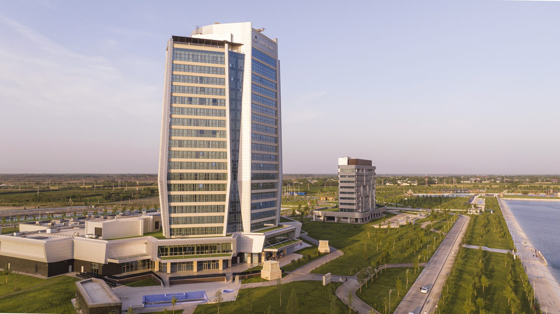 Hotel towers of the resort along the canal
